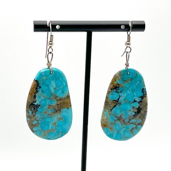 Natural Hand crafted Medium-blue Turquoise Slab Earring on Sterling French Wire - Picture 2 of 5